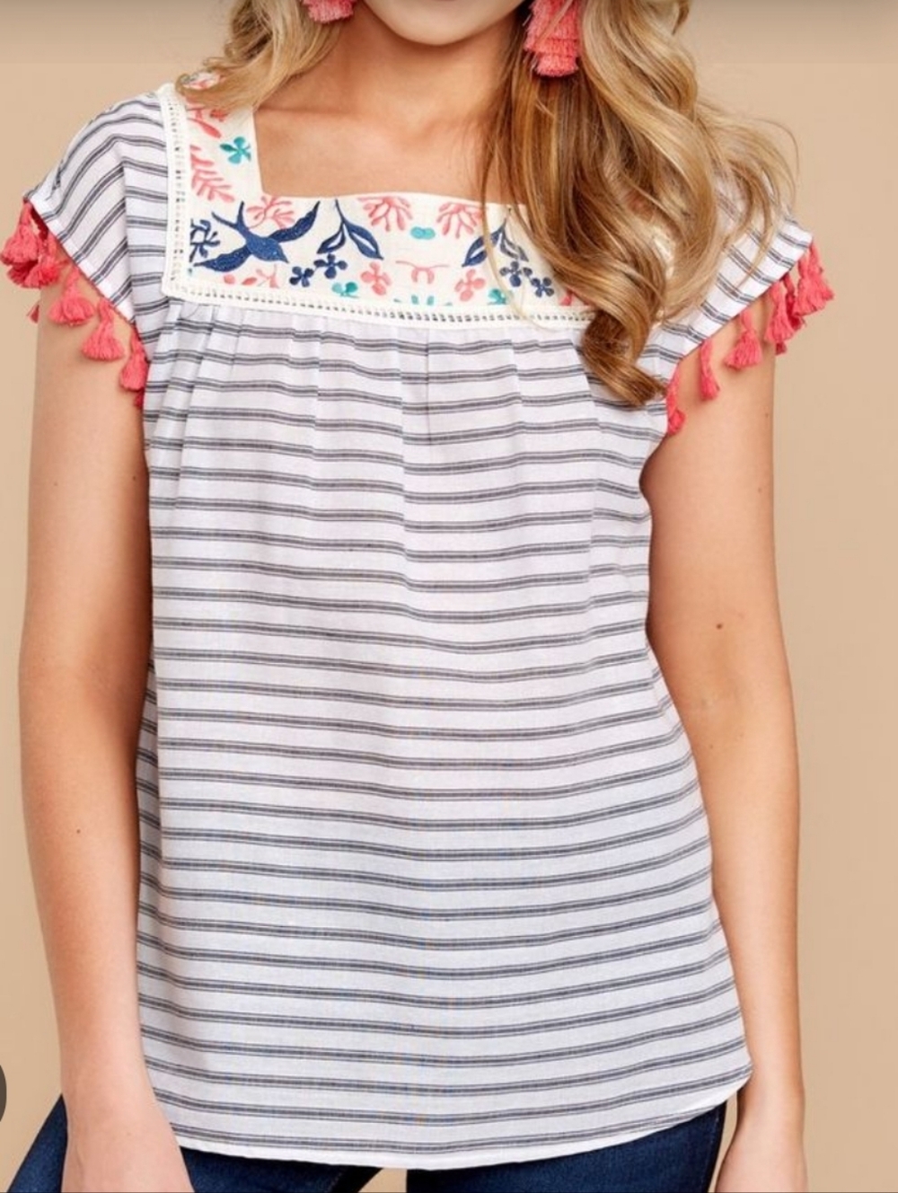 THML Striped Top With Embroidered Birds And Tassel Sleeves